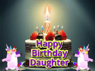 Happy Birthday Daughter GIF: An animated gif with 2 unicorns and a birthday candle on a cake.