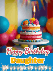 Happy Birthday Daughter GIF: A birthday card gif with a cake and candle and a blue ribbon with animated sparklers. Reads Happy Birthday Name