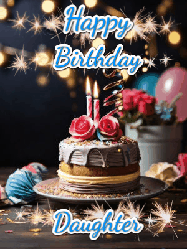Happy Birthday Daughter GIF: Sparkles and glitter happy birthday gif with a cake and flickering candles and sparklers behind the words happy birthday customize