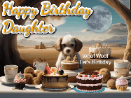 Happy Birthday Daughter GIF: Animated birthday gif with a dog at a fancy birthday table loaded with cakes as hearts appear. It reads Happy Birthday Customize.