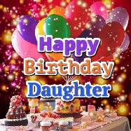 Happy Birthday Daughter GIF: Animated happy birthday gif on a bright red glittery background and 3 lines of text reading Happy Birthday Customize