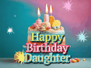 Happy Birthday Daughter GIF: A colorful animated Happy Birthday Cake GIF with swirling sparkles and flickering candles. It reads Happy Birthday Name
