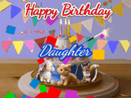 Happy Birthday Daughter GIF: Happy Birthday Cake GIF with a cat, lamb, and squirrel on the cake with flickering candles, a sparkler, and falling confetti. Reads Happy Birthday Name and you can customize the name