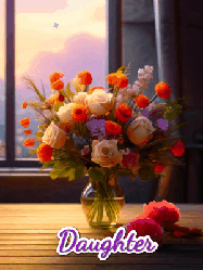 Happy Birthday Daughter GIF: A vase of flowers and animated hearts pop in and out as the words Happy Birthday Name appears that you can customize