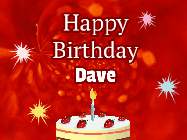 Happy Birthday Dave GIF: A bright red happy birthday gif animated with a cake candle, and glitter and sparkles. Customize with name.