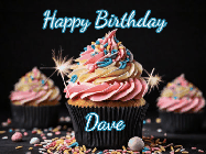 Happy Birthday Dave GIF: A delicious cupcake gif with animated sparkles reading Happy Birthday with a name to customize