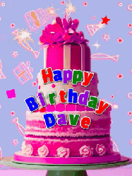 Happy Birthday Dave GIF: A big beautiful birthday cake gif with falling confetti, sparklers, and balloons, reads Happy Birthday Name. Customize it.