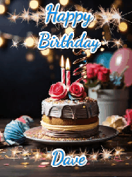 Happy Birthday Dave GIF: Sparkles and glitter happy birthday gif with a cake and flickering candles and sparklers behind the words happy birthday customize