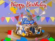 Happy Birthday Dave GIF: Happy Birthday Cake GIF with a cat, lamb, and squirrel on the cake with flickering candles, a sparkler, and falling confetti. Reads Happy Birthday Name and you can customize the name