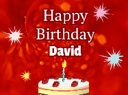 Happy Birthday David GIF: A bright red happy birthday gif animated with a cake candle, and glitter and sparkles. Customize with name.