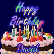 Happy Birthday David GIF: A dark blue birthday gif with a beautiful cake with flickering candles, background sparkles and a name to customize.