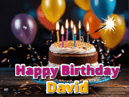 Happy Birthday David GIF: A birthday cake with flickering candles gif with text reading Happy Birthday and a Name slot to customize