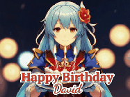 Happy Birthday David GIF: Anime girl holding a birthday cake and an animated sword falls into it. Text reads Happy Birthday Customize