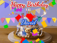 Happy Birthday David GIF: Happy Birthday Cake GIF with a cat, lamb, and squirrel on the cake with flickering candles, a sparkler, and falling confetti. Reads Happy Birthday Name and you can customize the name