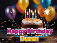 Happy Birthday Dawn GIF: A birthday cake with flickering candles gif with text reading Happy Birthday and a Name slot to customize