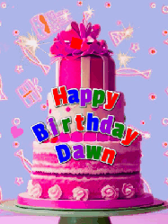Happy Birthday Dawn GIF: A big beautiful birthday cake gif with falling confetti, sparklers, and balloons, reads Happy Birthday Name. Customize it.