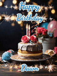 Happy Birthday Dawn GIF: Sparkles and glitter happy birthday gif with a cake and flickering candles and sparklers behind the words happy birthday customize