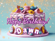 Happy Birthday Dawn GIF: A beautiful birthday cake gif with animated sparkles and glitter Happy Birthday Name you can customize