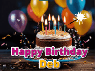 Happy Birthday Deb GIF: A birthday cake with flickering candles gif with text reading Happy Birthday and a Name slot to customize