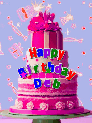 Happy Birthday Deb GIF: A big beautiful birthday cake gif with falling confetti, sparklers, and balloons, reads Happy Birthday Name. Customize it.