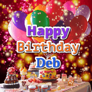Happy Birthday Deb GIF: Animated happy birthday gif on a bright red glittery background and 3 lines of text reading Happy Birthday Customize
