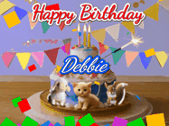 Happy Birthday Debbie GIF: Happy Birthday Cake GIF with a cat, lamb, and squirrel on the cake with flickering candles, a sparkler, and falling confetti. Reads Happy Birthday Name and you can customize the name