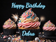 Happy Birthday Debra GIF: A delicious cupcake gif with animated sparkles reading Happy Birthday with a name to customize