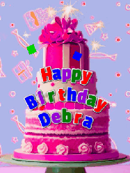 Happy Birthday Debra GIF: A big beautiful birthday cake gif with falling confetti, sparklers, and balloons, reads Happy Birthday Name. Customize it.