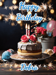 Happy Birthday Debra GIF: Sparkles and glitter happy birthday gif with a cake and flickering candles and sparklers behind the words happy birthday customize