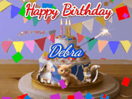 Happy Birthday Debra GIF: Happy Birthday Cake GIF with a cat, lamb, and squirrel on the cake with flickering candles, a sparkler, and falling confetti. Reads Happy Birthday Name and you can customize the name