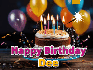 Happy Birthday Dee GIF: A birthday cake with flickering candles gif with text reading Happy Birthday and a Name slot to customize