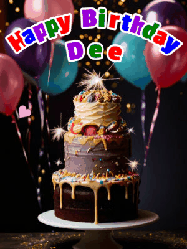 Happy Birthday Dee GIF: Beautiful birthday cake animated gif, a celebration of balloons, confetti, and sparklers. Customize banner and name.