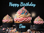 Happy Birthday Dee GIF: A delicious cupcake gif with animated sparkles reading Happy Birthday with a name to customize