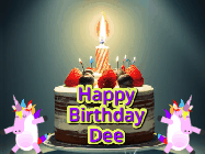 Happy Birthday Dee GIF: An animated gif with 2 unicorns and a birthday candle on a cake.