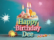 Happy Birthday Dee GIF: A colorful animated Happy Birthday Cake GIF with swirling sparkles and flickering candles. It reads Happy Birthday Name