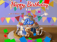 Happy Birthday Dee GIF: Happy Birthday Cake GIF with a cat, lamb, and squirrel on the cake with flickering candles, a sparkler, and falling confetti. Reads Happy Birthday Name and you can customize the name
