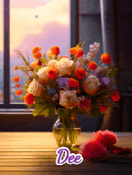 Happy Birthday Dee GIF: A vase of flowers and animated hearts pop in and out as the words Happy Birthday Name appears that you can customize