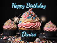Happy Birthday Denise GIF: A delicious cupcake gif with animated sparkles reading Happy Birthday with a name to customize