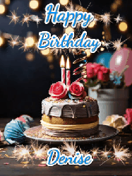 Happy Birthday Denise GIF: Sparkles and glitter happy birthday gif with a cake and flickering candles and sparklers behind the words happy birthday customize