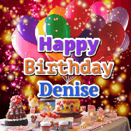 Happy Birthday Denise GIF: Animated happy birthday gif on a bright red glittery background and 3 lines of text reading Happy Birthday Customize