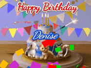 Happy Birthday Denise GIF: Happy Birthday Cake GIF with a cat, lamb, and squirrel on the cake with flickering candles, a sparkler, and falling confetti. Reads Happy Birthday Name and you can customize the name