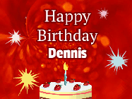 Happy Birthday Dennis GIF: A bright red happy birthday gif animated with a cake candle, and glitter and sparkles. Customize with name.