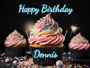 Happy Birthday Dennis GIF: A delicious cupcake gif with animated sparkles reading Happy Birthday with a name to customize