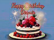 Happy Birthday Dennis GIF: Animated GIF of a birthday cake covered in berries with 2 sparklers and a candle, reads Happy Birthday Name. Customize it.