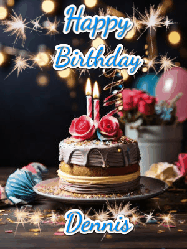 Happy Birthday Dennis GIF: Sparkles and glitter happy birthday gif with a cake and flickering candles and sparklers behind the words happy birthday customize