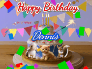 Happy Birthday Dennis GIF: Happy Birthday Cake GIF with a cat, lamb, and squirrel on the cake with flickering candles, a sparkler, and falling confetti. Reads Happy Birthday Name and you can customize the name