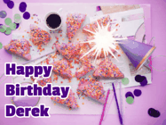 Happy Birthday Derek GIF: A big paper sparkle highlights this animated birthday gif showing a birthday cake place setting with decorations.