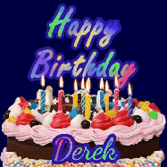 Happy Birthday Derek GIF: A dark blue birthday gif with a beautiful cake with flickering candles, background sparkles and a name to customize.