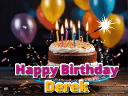 Happy Birthday Derek GIF: A birthday cake with flickering candles gif with text reading Happy Birthday and a Name slot to customize