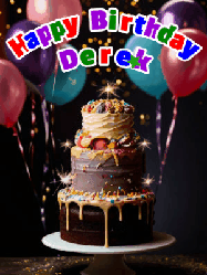 Happy Birthday Derek GIF: Beautiful birthday cake animated gif, a celebration of balloons, confetti, and sparklers. Customize banner and name.